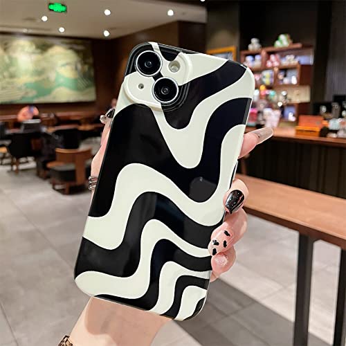 MZELQ for iPhone 13 Case, Cute Pattern Wave IMD Soft Phone Case, Camera Protection Lens Black and White Shockproof Phone Case for Girls Women