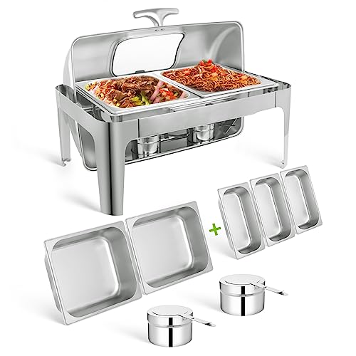 Vudex Rectangular Roll Top Chafing Dish Buffet Set, Catering Food Warmer for Parties, Half Full Size & 3 Party-Size Chafing Server Dish, 14QT Water Pan for Birthday Party Thanks Giving New Year Party