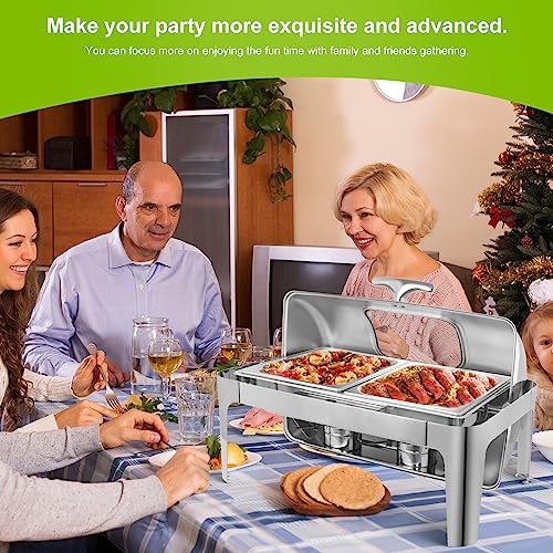 Vudex Rectangular Roll Top Chafing Dish Buffet Set, Catering Food Warmer for Parties, Half Full Size & 3 Party-Size Chafing Server Dish, 14QT Water Pan for Birthday Party Thanks Giving New Year Party