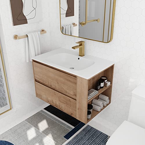 SSLine Wall Mounted Bathroom Vanity with Sink Modern 30" Floating Bathroom Vanity with Top Basin & Storage Drawers Imitative Oak Wood Hanging Bath Cabinet w/Gel Sink and Shelves for Small Space