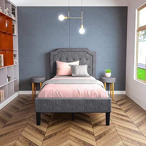 GORELAX Upholstered Twin Bed Frame, Mattress Foundation with Curved Button Tufted Headboard & Wooden Slats, Diamond Stitched Panel Bed Base, Easy Assembly, 16 inch Tall Single Platform Bed Frame Grey