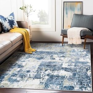 miukiki area rug 8x10, super soft modern abstract washable rug, anti-slip backing rugs for living room, foldable ultra-thin machine washable area rugs (navy/gold, 8'x10')