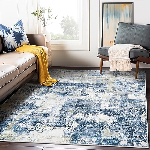 Miukiki Area Rug 8x10, Super Soft Modern Abstract Washable Rug, Anti-Slip Backing Rugs for Living Room, Foldable Ultra-Thin Machine Washable Area Rugs (Navy/Gold, 8'x10')