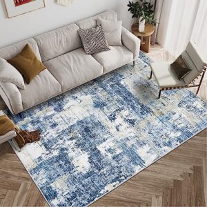 Miukiki Area Rug 8x10, Super Soft Modern Abstract Washable Rug, Anti-Slip Backing Rugs for Living Room, Foldable Ultra-Thin Machine Washable Area Rugs (Navy/Gold, 8'x10')