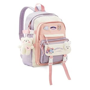 aesthetic cute kawaii backpack with kawaii pin and pendants accessories, mochilas para ninas bookbag waterproof nylon material | durable & adorable 17"