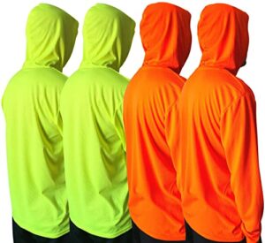 men upf 50+ sun protection breathable t shirt long sleeve fishing hiking running workout t-shirts with hood (as1, alpha, l, regular, regular, 4pcs mix (2 neon yellow/2 neon orange))