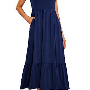 LILLUSORY Women's Summer Sleeveless V Neck Flowy Swing Dresses Casual Tiered Long Maxi Dress with Pockets Navy Blue