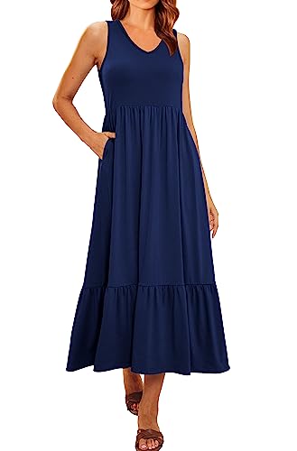 LILLUSORY Women's Summer Sleeveless V Neck Flowy Swing Dresses Casual Tiered Long Maxi Dress with Pockets Navy Blue