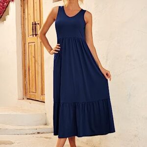 LILLUSORY Women's Summer Sleeveless V Neck Flowy Swing Dresses Casual Tiered Long Maxi Dress with Pockets Navy Blue