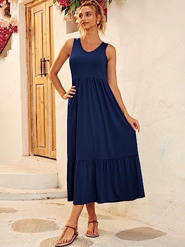 LILLUSORY Women's Summer Sleeveless V Neck Flowy Swing Dresses Casual Tiered Long Maxi Dress with Pockets Navy Blue