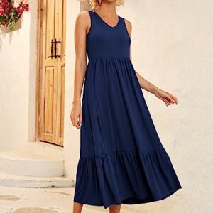 LILLUSORY Women's Summer Sleeveless V Neck Flowy Swing Dresses Casual Tiered Long Maxi Dress with Pockets Navy Blue