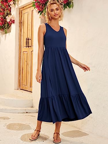 LILLUSORY Women's Summer Sleeveless V Neck Flowy Swing Dresses Casual Tiered Long Maxi Dress with Pockets Navy Blue