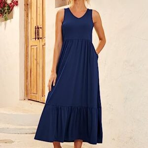 LILLUSORY Women's Summer Sleeveless V Neck Flowy Swing Dresses Casual Tiered Long Maxi Dress with Pockets Navy Blue