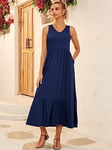 LILLUSORY Women's Summer Sleeveless V Neck Flowy Swing Dresses Casual Tiered Long Maxi Dress with Pockets Navy Blue