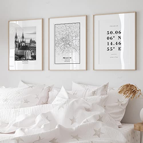 Dear Mapper Prague Czech Republic View Abstract Road Modern Map Art Minimalist Painting Black and White Canvas Line Art Print Poster Art Print Poster Home Decor (Set of 3 Unframed) (16x24inch)