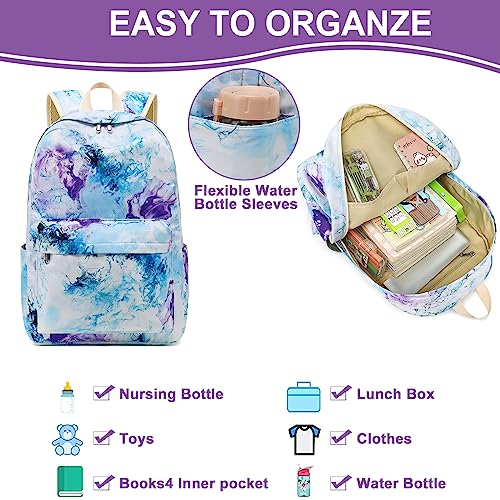 School Backpack for Teen Girls Bookbags Elementary High School Marble Laptop Bags Women Travel Daypacks (Marble Blue)