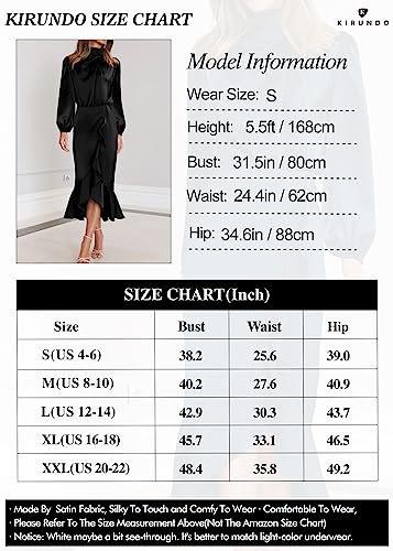 KIRUNDO Women's Fall Satin Mock Neck Wedding Guest Cocktail Midi Dress Long Sleeve Wrap Ruched Ruffle Formal Dresses(Black, Large)