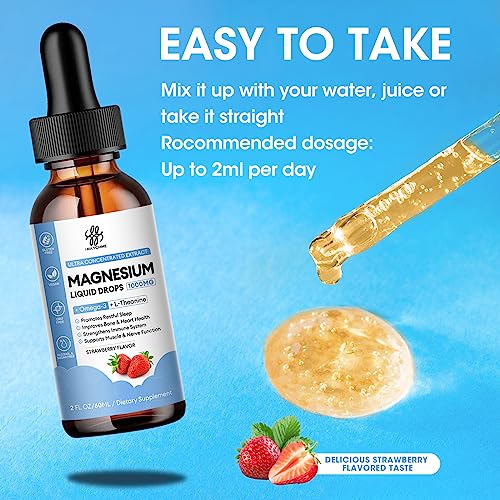 Magnesium Glycinate Liquid Drop with Citrate, Oxide and Taurate, Calm Magnesium with Omega3, L-Theanine, D3, B6, B12 for Calm, Sleep, Leg Cramps, Muscles, Energy, Sugar-Free Strawberry Flavor, 2 Fl Oz