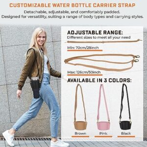 Tumbler Tote Water Bottle Carrier Strap Leather Compatible with Stanley 30/40oz Tumbler with Handle, Adjustable Shoulder Strap Credit Card Holder Keyring for Keys for Travel Yoga Workout Pink…