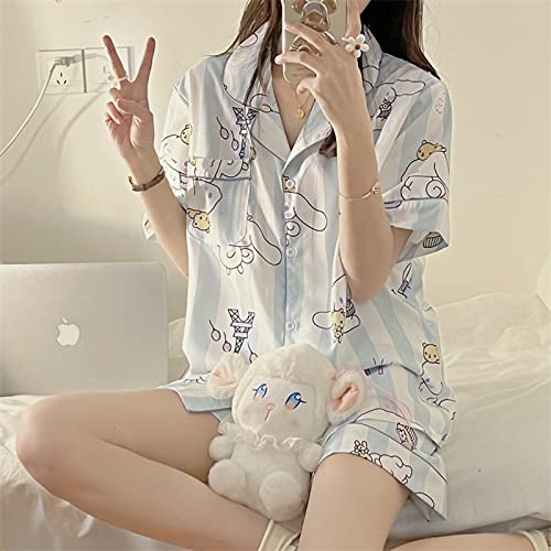 Oxsioeih Kawaii Silk Pajamas Set for Women & Girls Cute Cartoons Satin Button-down Shorts Two-piece Pj Sets Cardigan Sleepwear Loungewear for Summer