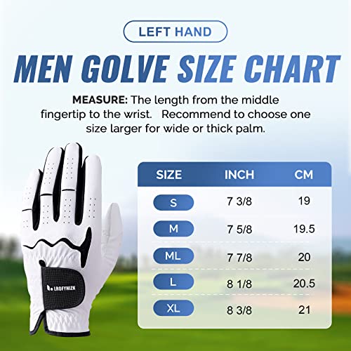 LROFYHIZK Men's Golf Gloves Sheepskin+PU Soft Fit Anti-Slip Durable Breathable Cool White Left Hand Pack of 1 (Medium/Large)