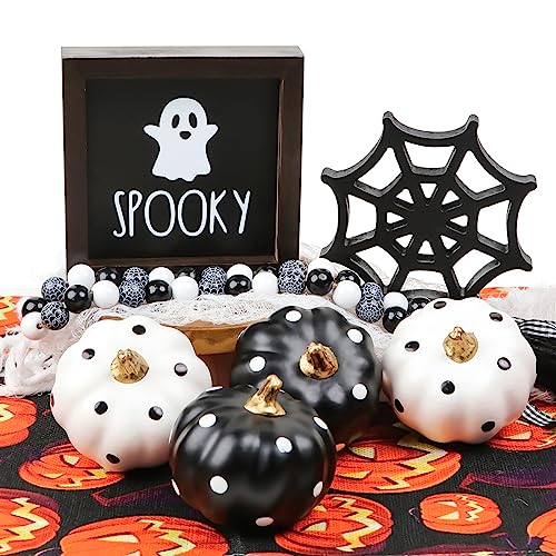 Halloween Decorations Indoor 7PCS - 2 Wooden Signs, 4 Artificial Pumpkins & Bead Garland-Farmhouse Tiered Tray Decor for Spooky Halloween