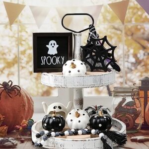 Halloween Decorations Indoor 7PCS - 2 Wooden Signs, 4 Artificial Pumpkins & Bead Garland-Farmhouse Tiered Tray Decor for Spooky Halloween