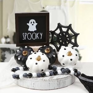 Halloween Decorations Indoor 7PCS - 2 Wooden Signs, 4 Artificial Pumpkins & Bead Garland-Farmhouse Tiered Tray Decor for Spooky Halloween