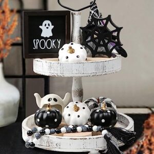 Halloween Decorations Indoor 7PCS - 2 Wooden Signs, 4 Artificial Pumpkins & Bead Garland-Farmhouse Tiered Tray Decor for Spooky Halloween