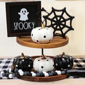 Halloween Decorations Indoor 7PCS - 2 Wooden Signs, 4 Artificial Pumpkins & Bead Garland-Farmhouse Tiered Tray Decor for Spooky Halloween