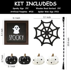 Halloween Decorations Indoor 7PCS - 2 Wooden Signs, 4 Artificial Pumpkins & Bead Garland-Farmhouse Tiered Tray Decor for Spooky Halloween