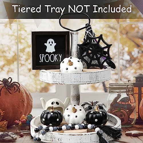 Halloween Decorations Indoor 7PCS - 2 Wooden Signs, 4 Artificial Pumpkins & Bead Garland-Farmhouse Tiered Tray Decor for Spooky Halloween