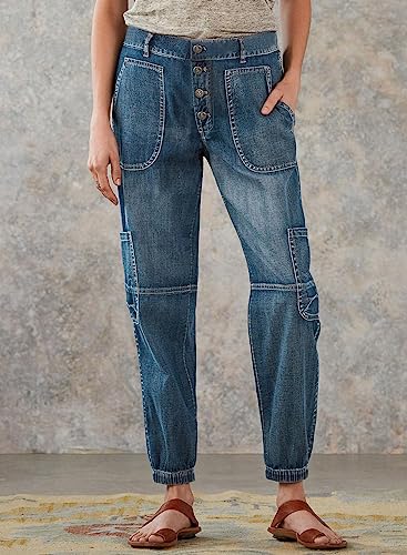 Sidefeel Women Cargo Jeans Button Fly Multi Pockets Denim Jogger Pants Blue Size 18