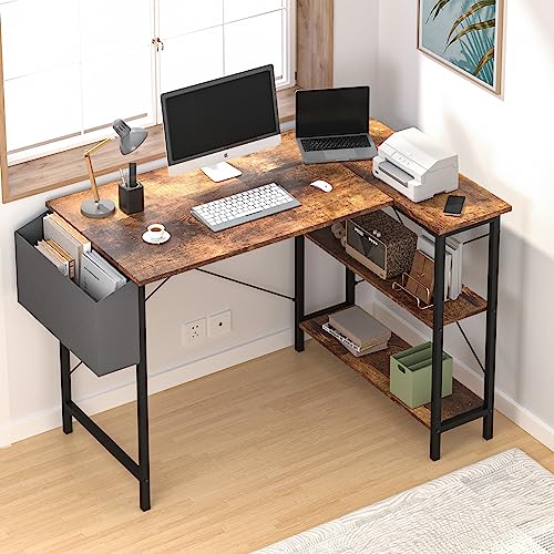 Sinewayone L Shaped Computer Desk, 47" Corner Desk with Storage Shelves, Office Desk with Storage Bag, Work Desk for Home, Office, Workstation, Small Space, Rustic Brown