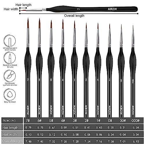 Detail Paint Brush Set - 10PCS Miniature Painting Brushes, Micro Paint Brushes for Fine Detailing & Art Painting - Acrylic, Watercolor, Oil, Model Painting, Warhammer 40k Miniature Figure by AORZOV