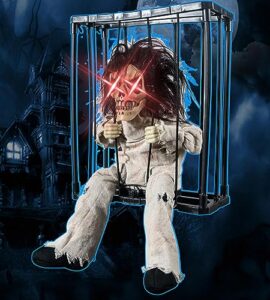 skeleton animated halloween decorations, screaming halloween decor with motion activated & light sensor, spooky prisoner cage with spider web haunted house decorations by crileal, ghost with long-hair