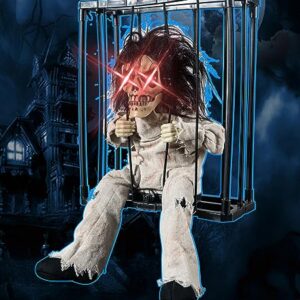 Skeleton Animated Halloween Decorations, Screaming Halloween Decor with Motion Activated & Light Sensor, Spooky Prisoner Cage with Spider Web Haunted House Decorations by CRILEAL, Ghost with Long-hair