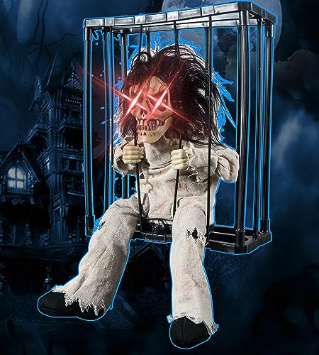 Skeleton Animated Halloween Decorations, Screaming Halloween Decor with Motion Activated & Light Sensor, Spooky Prisoner Cage with Spider Web Haunted House Decorations by CRILEAL, Ghost with Long-hair