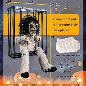 Skeleton Animated Halloween Decorations, Screaming Halloween Decor with Motion Activated & Light Sensor, Spooky Prisoner Cage with Spider Web Haunted House Decorations by CRILEAL, Ghost with Long-hair