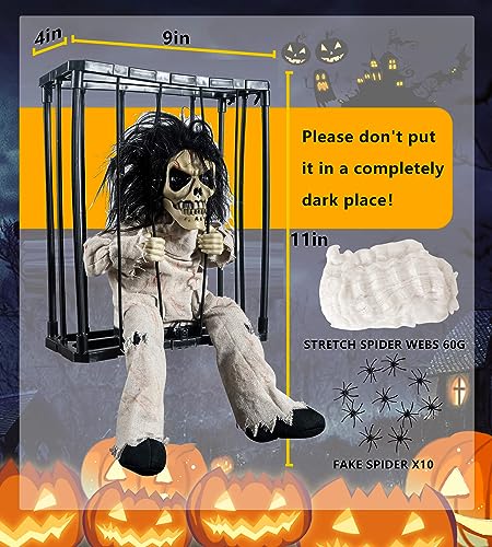 Skeleton Animated Halloween Decorations, Screaming Halloween Decor with Motion Activated & Light Sensor, Spooky Prisoner Cage with Spider Web Haunted House Decorations by CRILEAL, Ghost with Long-hair