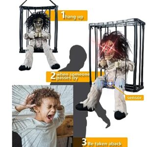 Skeleton Animated Halloween Decorations, Screaming Halloween Decor with Motion Activated & Light Sensor, Spooky Prisoner Cage with Spider Web Haunted House Decorations by CRILEAL, Ghost with Long-hair