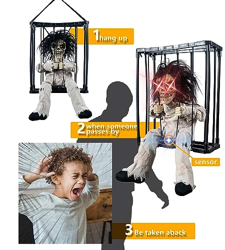 Skeleton Animated Halloween Decorations, Screaming Halloween Decor with Motion Activated & Light Sensor, Spooky Prisoner Cage with Spider Web Haunted House Decorations by CRILEAL, Ghost with Long-hair