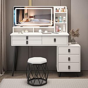 vanity desk with mirror and lights,modern makeup vanity set,adjustable led & six drawers & five storage shelves & vanity stool chair,large makeup desk dressing table for bedroom