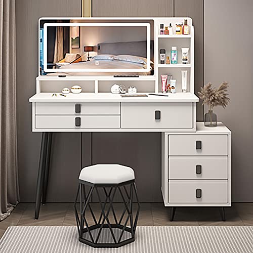 Vanity Desk with Mirror and Lights,Modern Makeup Vanity Set,Adjustable Led & Six Drawers & Five Storage Shelves & Vanity Stool Chair,Large Makeup Desk Dressing Table for Bedroom