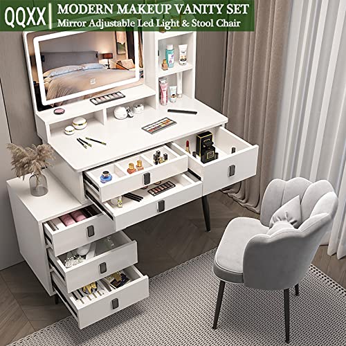 Vanity Desk with Mirror and Lights,Modern Makeup Vanity Set,Adjustable Led & Six Drawers & Five Storage Shelves & Vanity Stool Chair,Large Makeup Desk Dressing Table for Bedroom