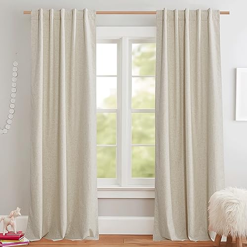 NICETOWN Natural Full Blackout Back Tab Linen Curtains 84 inch Long 2 Panels Set, Boho-Chic Thick Linen Blend Drapes, Insulated Small Window Covers Draperies with White Backing for Cafe (42" Wide)