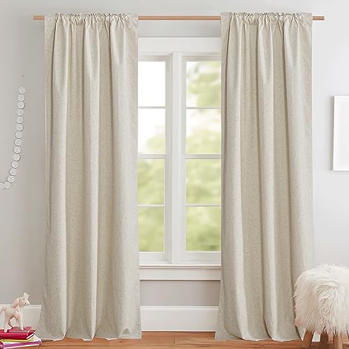 NICETOWN Natural Full Blackout Back Tab Linen Curtains 84 inch Long 2 Panels Set, Boho-Chic Thick Linen Blend Drapes, Insulated Small Window Covers Draperies with White Backing for Cafe (42" Wide)