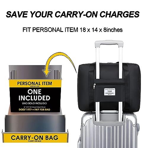 YGR Travel Duffel Bag, Personal Item Bag for Spirit Airlines, Foldable Sports Tote Gym Bag, Carry on Luggage Shoulder Bag, Weekender Overnight Bag for Women and Men, Black