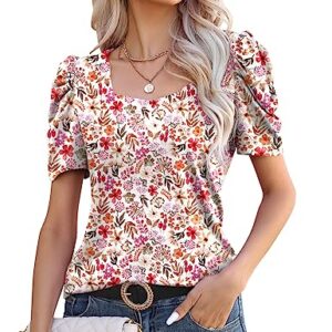 Ladies Romantic Tops Hawaiian Shirts for Women Square Neck Top Fitted Tops for Women Sexy Casual Trendy Short Sleeve Tops White Red Floral L