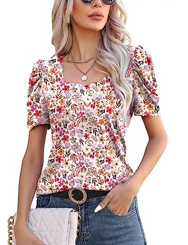 Ladies Romantic Tops Hawaiian Shirts for Women Square Neck Top Fitted Tops for Women Sexy Casual Trendy Short Sleeve Tops White Red Floral L